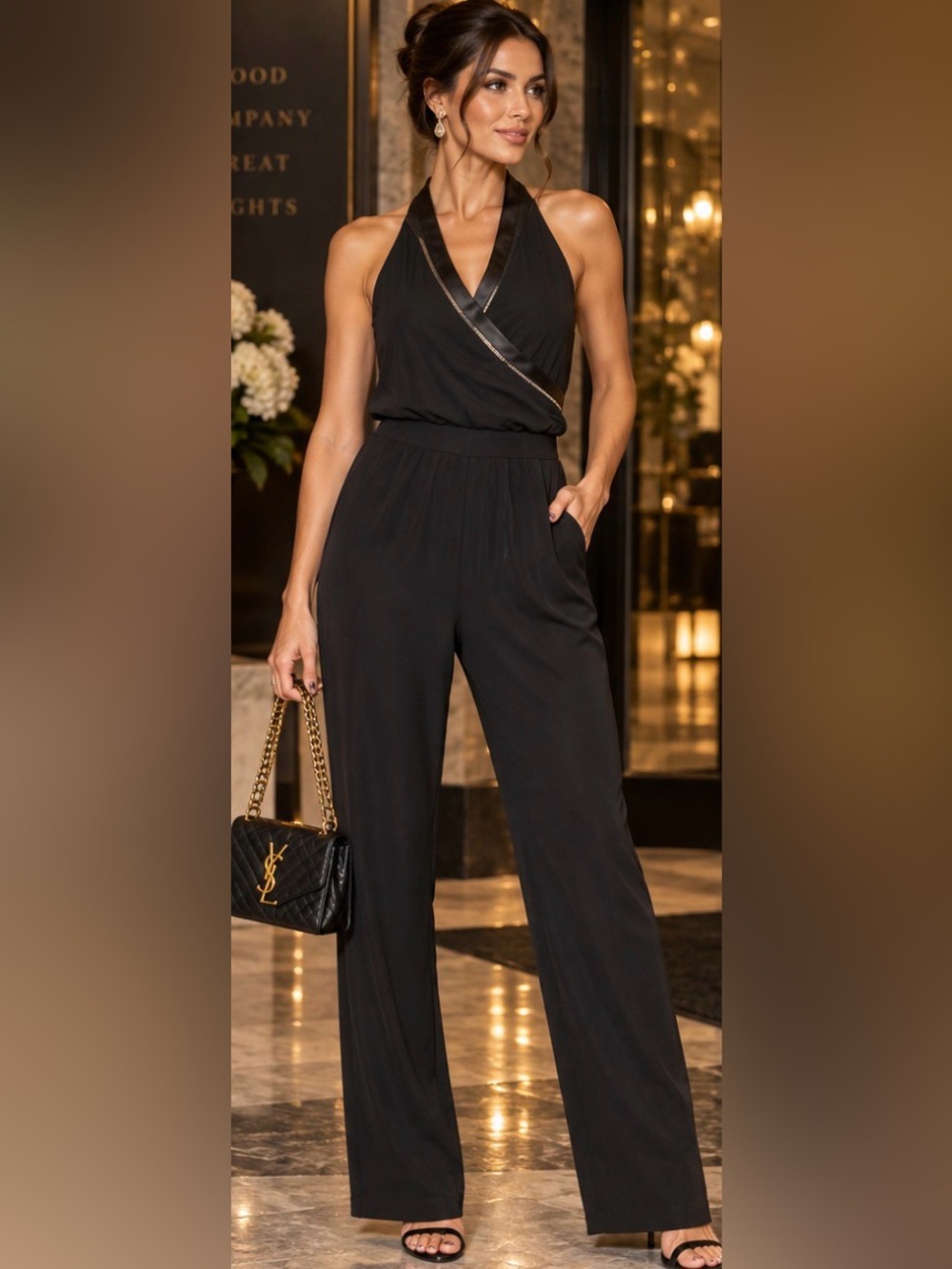White House Black Market Size 0 Black Halter Jumpsuit Metallic Satin Trim